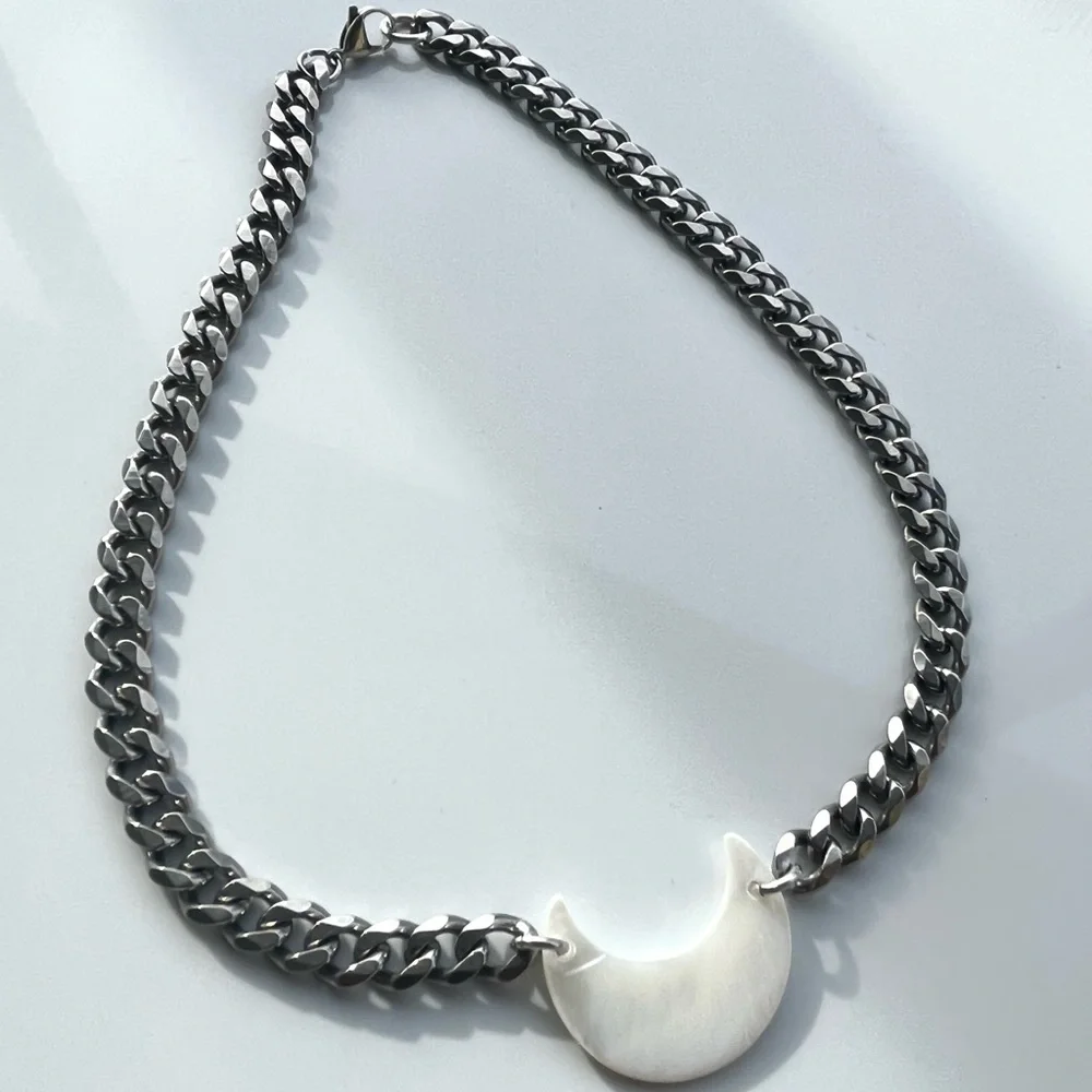 Mother of pearl moon stainless steel cuban link thick choker necklace boho - Picture 15 of 16